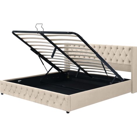 Cama con canapé 160x200 de terciopelo beige con cabecero capitoné y patas elevables (1/5)