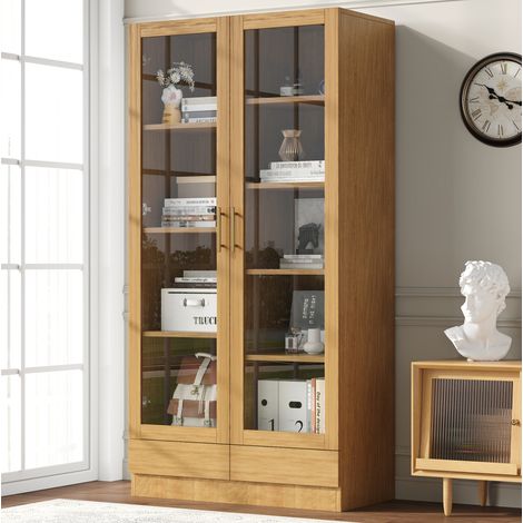 Vitrine avec étagères et tiroirs push-to-open, 80x40x160 cm, bois naturel, pour salon, chambre et bureau (1/5)