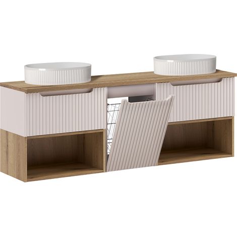 Lavabo doble de 160 cm con cesta de lavandería Riva Cashmere y nicho Wood