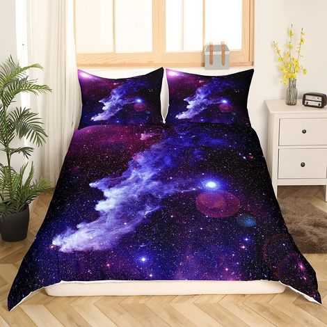 Ensemble de literie 3D Galaxie 140 x 200 cm Univers étoilé Ciel imprimé Housse de Couette Violet Bleu pour Enfants garçons Filles décoratif Doux en Microfibre literie (1/5)