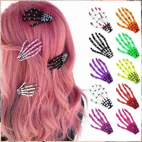 Lot de 10 barrettes à cheveux à main de squelette multicolores assorties, pinces à crâne et os de paume effrayantes, accessoires capillaires de cosplay Halloween pour femmes et filles, décoration et c (1/5)