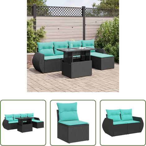Meubles extérieurs - Salon de jardin 6 pcs avec coussins noir résine tressée acacia (1/5)