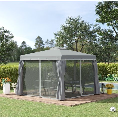 Pavillon de jardin 296x296x270 cm gris foncé en aluminium avec double toit, moustiquaires et rideaux (1/5)