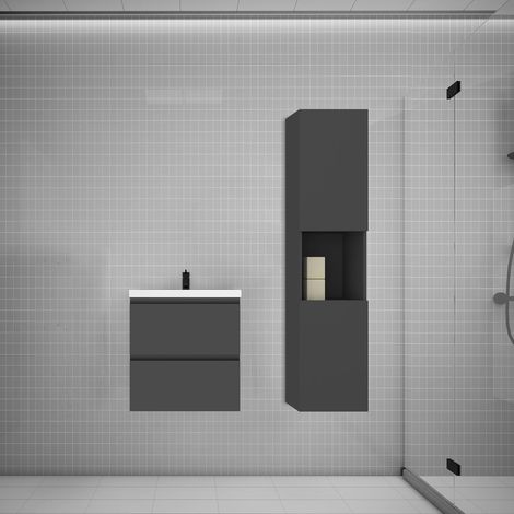 Aica Ensemble meuble vasque L.50cm anthracite 2 tiroirs + lavabo + colonne