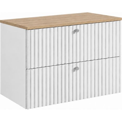 Mobile sottolavabo sospeso 80 cm, 2 cassetti, con piano, chiusura ammortizzata, Bianco / piano Rovere Chiaro, maniglie argentate, 80 x 44,4 x 58,6 cm (1/5)