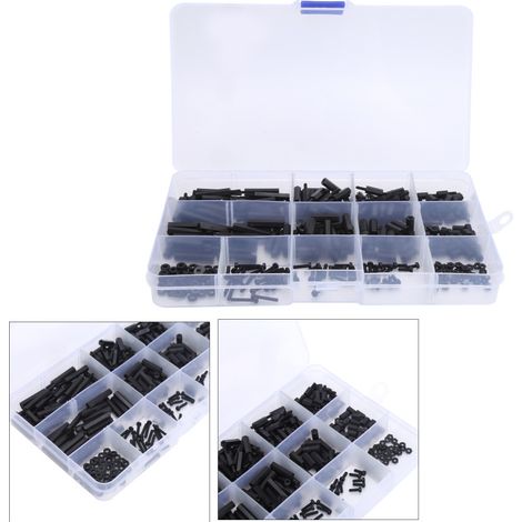 Kit d'assortiment de 320 entretoises hexagonales M2 en nylon mâle-femelle avec vis et écrous. (1/5)