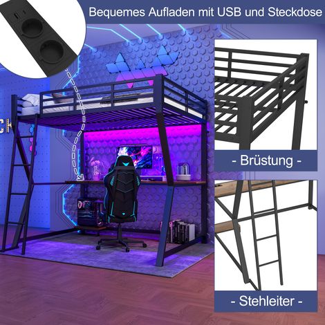 Lit minuit,140200cm,avec lumières LED,étagère console informatique,bureau,prise + USB,rampe,escaliers,sans matelas,noir (1/5)