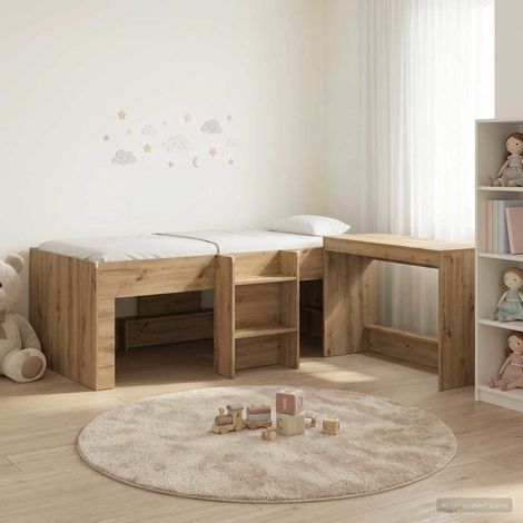 Lit haut enfant avec bureau intégré en bois d’ingénierie, chêne artisanal, 193 x 96 x 68,5 cm - PANGIVO (1/5)