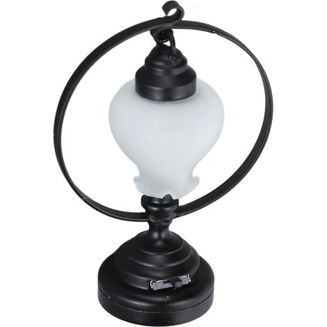 Lampe de table miniature pour maison de poupée (échelle 1:12) : cercle noir dépoli en métal et verre, forme de fleur. (1/5)