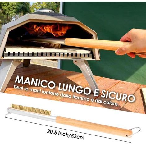 Brosse pour four à pizza - 52 cm, avec grattoir en acier inoxydable, poils en laiton, manche en bois d'hévéa, conception facile à assembler (1/4)