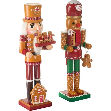 Lot de 2 Figurines en Forme de Casse-Noisette en Bois de Pin Fait Main Accessoire de Noel Rouge et Orange Gransjon
