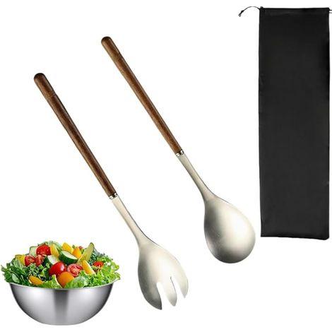 Couverts à Salade en Acier Inoxydable avec Manche en Bois 30 cm – Cuillère et Fourchette de Service en Acier Inoxydable 304 et Bois Naturel pour salades, Desserts et buffets (1/5)