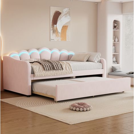 Lit de repos 90/200 cm rose en velours avec lit gigogne et éclairage d'ambiance réglable (1/5)
