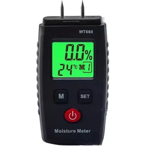 Feuchtigkeitsmessgerät mit Stiftsensor – 3 Messmodi – Hintergrundbeleuchtetes LCD-Display – ±2,0 % Genauigkeit für Holz und Baumaterialien (1/5)