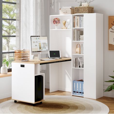 Bureau 2-en-1 avec étagères, prise et USB, niveaux réglables, blanc et chêne, 104.5x30.5x160 cm (1/5)