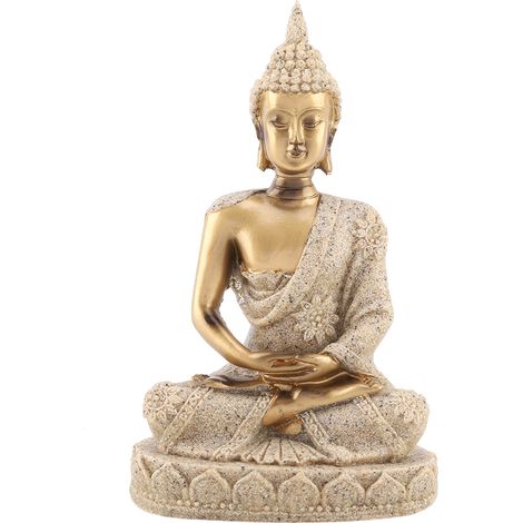 Statue Bouddha Méditant Assis Sculpture Figurine Artisanale Décor Maison Ornement Doré (1/5)