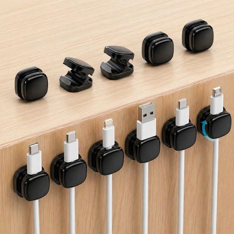 12 Pièces Organisateur de Cable, Clips Cable, Rangement Cable, Attache Cable, Support Cable Bureau, Pivotant à 360°, Noir, Mini Taille, pour Câble de Charge (1/5)