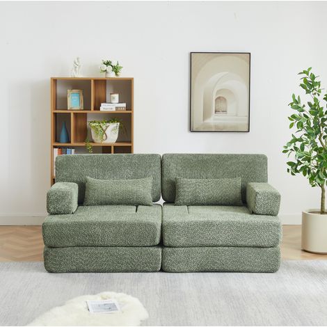 Divano letto modulare 2 in 1 in tessuto ciniglia verde salvaspazio – MEUBLIV (1/5)