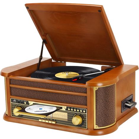 Platine Vinyle 9 en 1 avec Bluetooth, Radio AM/FM, Lecteur CD et Cassette, Lecture USB, Télécommande, Haut Parleurs Intégrés, Tourne Disque Vintage (1/5)