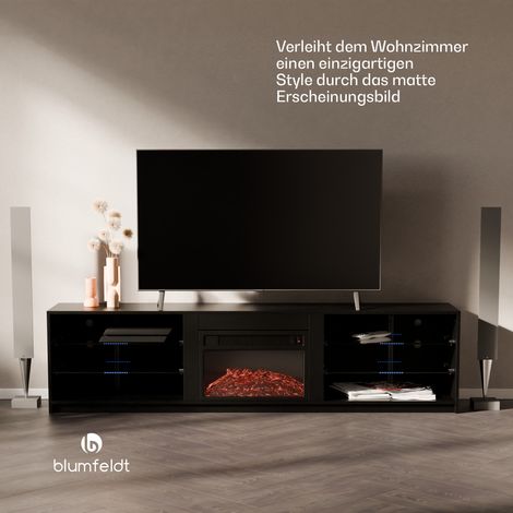 Klarstein TV Board, Wohnzimmer Möbel für TV, 160 cm Fernsehschrank mit Elektrokamin, Großes TV-Lowboard, Niedrige TV-Schränke mit Farbigen LEDs, Schrank für Fernseher, TV-Schrank Modern, Schwarz (1/5)