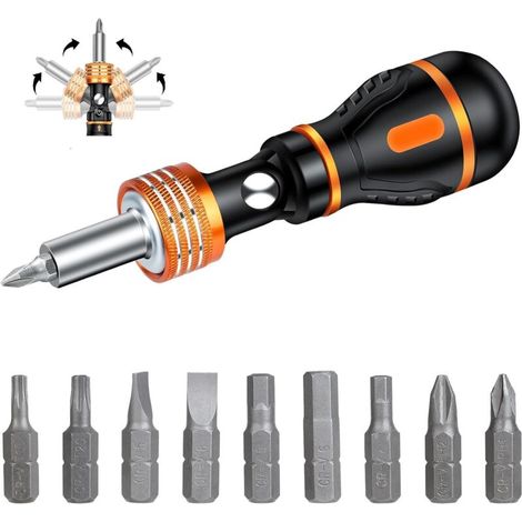 Cliquet Tournevis, Tournevis Magnétique avec 9 Embouts, Embout Visseuse Angle 180° Rotatable, Mini Tournevis Outils de Réparation Multifonctions pour Maison, Bricolage, Réparateur (1/4)