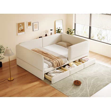 Lit enfant 140x200 cm avec barrière de sécurité périphérique et coins arrondis, tiroir de rangement intégré, tissu velours beige, sans matelas. (1/5)
