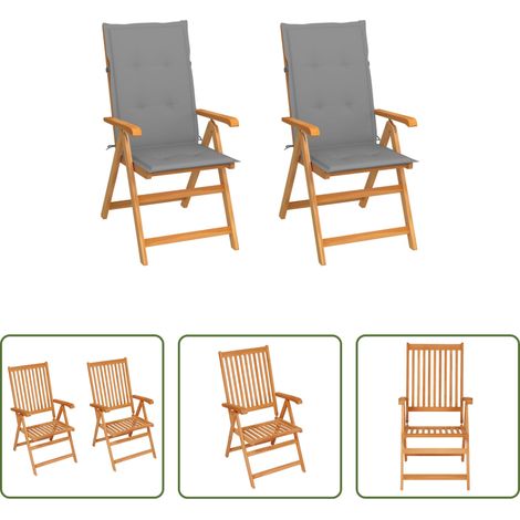 Chaise de jardin teck - Chaises de jardin lot de 2 et coussins gris Bois de teck massif (1/5)