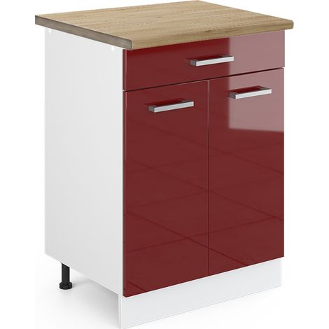 Meuble cuisine R-Line, Rouge brillant, 60cm avec tiroir, PT Chêne, Vicco