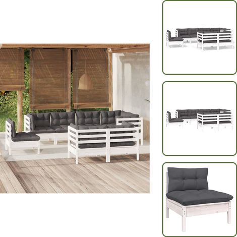 8-tlg. Garten-Lounge-Set mit Kissen Weiß Kiefer Massivholz - Garten Lounge Set - Esszimmergarnitur - Outdoor Möbel - Rattan Gartenmöbel - Gartenmöbel Set (1/5)