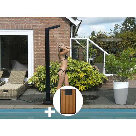 Ubbink – Douche solaire 35 L avec mitigeur – Colonne en aluminium noir – Éclairage LED avec détecteur de mouvement – Plancher en bois teck