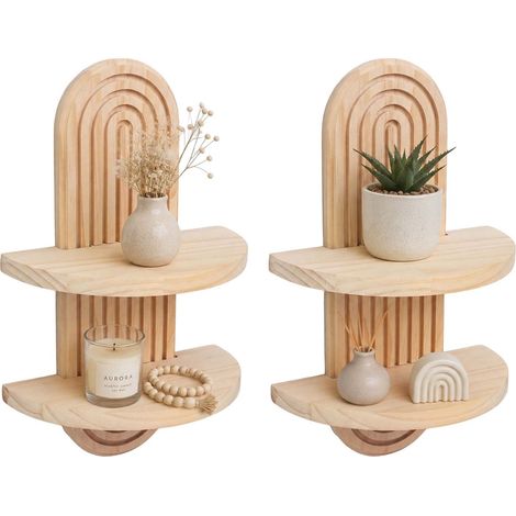 Boho Floating Wall Shelves, 2pc Set - Pine, Light Brown (1/5)