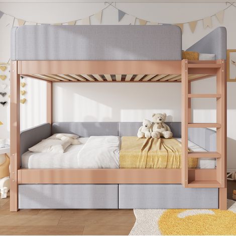 Letto a castello per bambini 90x200 cm, con scala a 4 gradini e 2 cassetti, in legno e MDF, grigio e naturale (1/5)