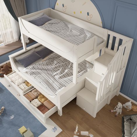 Etagenbett 90x200 oben 140x200 unten weiß mit Leiterschrank und Schubladen, Massivholz Stockbett für Geschwister mit Rausfallschutz (1/5)