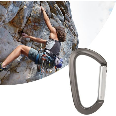 D-förmiger Karabiner aus Aluminiumlegierung, Sicherheitsverschluss für Klettern, Hängematten und Schlüsselanhänger, grauer Korpus mit silberner Achse, Schnellverschluss (1/5)