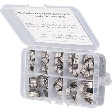Kit de 70 colliers de serrage à oreille unique en acier inoxydable, sans gradin, 9 tailles assorties pour tuyaux (1/5)