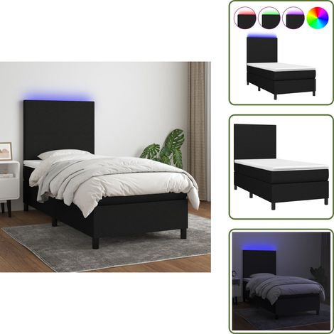 Sommier à lattes de lit avec matelas et LED Noir 90x200cm Tissu - Sommier Tapissier - Lit Avec Led - Matelas À Ressorts Ensachés - Têted Lit Ajustable - Éclairage LED (1/5)