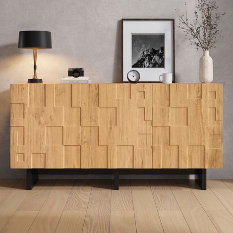 Aparador 140x40x70 cm de salón y cocina con 3 puertas diseño gofrado buffet bajo de madera mdf estilo nórdico moderno - madera natural y negro (1/5)