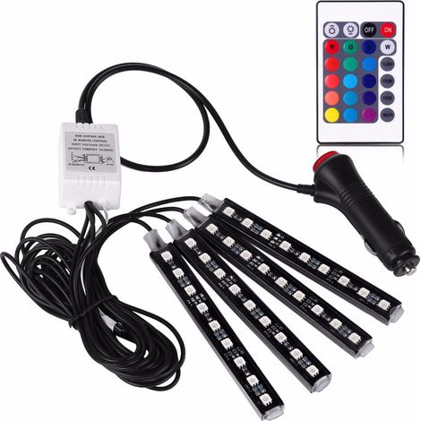 Éclairage d'ambiance pour voiture, bande LED 4x9 avec télécommande, éclairage intérieur pour les pieds