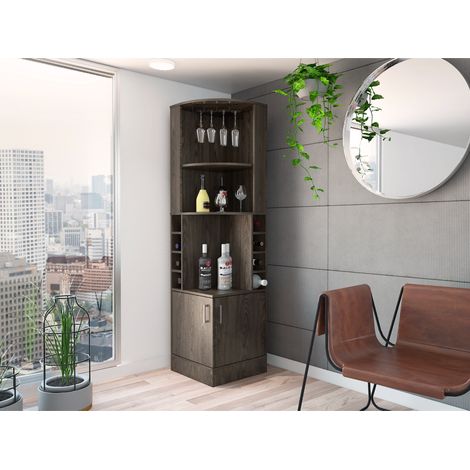 Tuhome Concept – Meuble bar d'angle cognac avec porte-gobelet – Dimensions 180,6 x 46,9 x 46,9 cm – Panneau mélaminé pour rangement bouteilles et verres