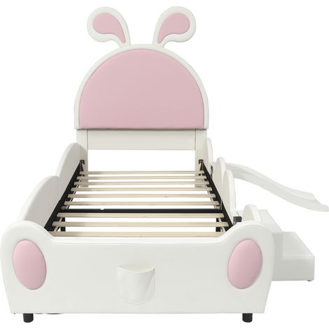 Cama infantil tapizada 90x200 cm con tobogán y escalera, orejas de conejo, blanco y rosa (1/5)