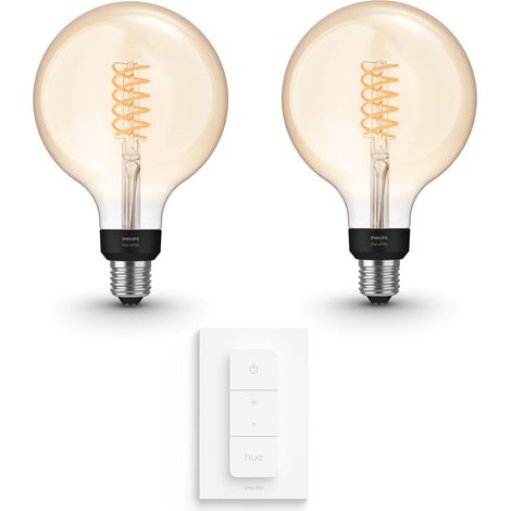 Philips Hue Kit d'extension E27 avec 2 Ampoules Globe à filament Grand (G125) Lumière blanche chaude - Comprend 1 Variateur de lumière - White (1/5)