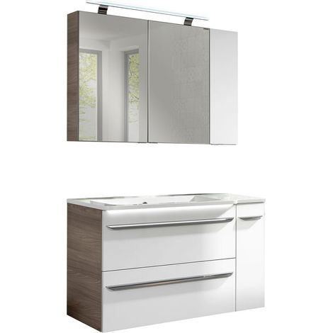 Fackelmann LUXOR Badmöbel Set 5-teilig 100 cm, Braun/Weiß + LED-Spiegelschrank + Badschränke rechts"-"90218145 (1/5)