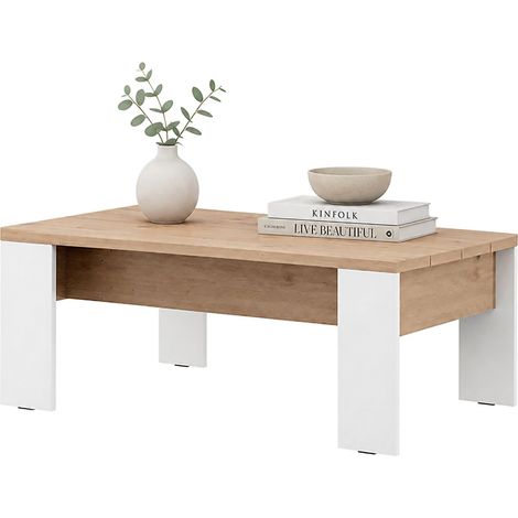 Couchtisch Bertona, Rechteckig, Tischplatte Braun, Gestell Weiß, 120x67x43h cm, Eiche Braun mit Knoten