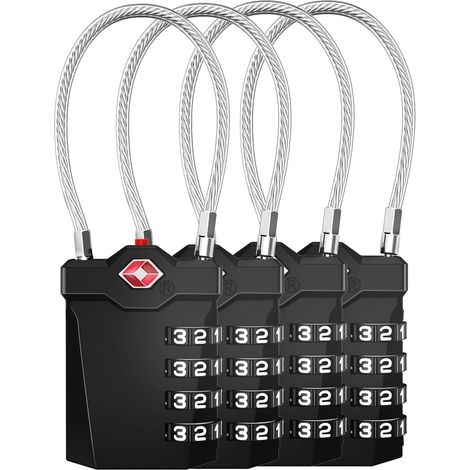 Cadenas TSA à Code 4 Chiffres, Cadenas Voyage (4, Noir) Alarme d'ouverture, Câble flexible, Valise, Bagage, Avion, Voyage, Hôtel, Sac à Dos, Casier, Vestiaire (1/5)