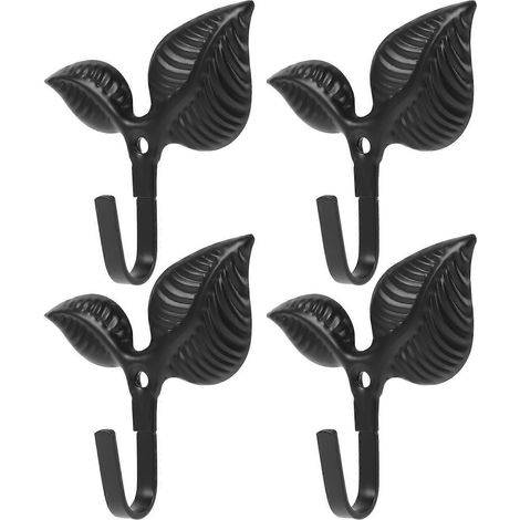 Lot de 4 crochets muraux en fer forgé rustique, style feuille, avec patère décorative en métal.-7.50X7.00X2.40CM-Black