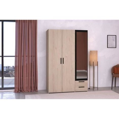 Armoire - Panneau de particules - Décor chene et noir - 3 portes droites - Essentiel - Chambre - 120.3x185x51.7 cm (1/5)