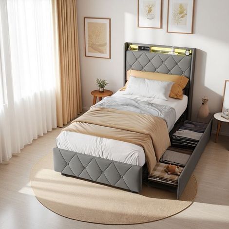 Cama litera simple 90x200 cm con LED y 2 cajones - Cama con arcón - 1 plaza - Estructura de cama - Cabecera tapizada - Somier de lamas - Gris (1/5)