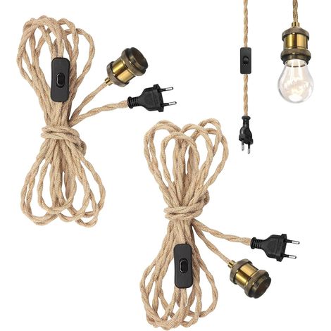 2 pcs Lustre Corde de Chanvre, Douille de Lampe E27 Vintage avec Câble et Interrupteur, 4.5m Douille E27 Interrupteur, DIY Lampe Suspendue Industrielle pour Maison Chambre Bar Cuisine (1/5)