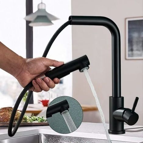 Mitigeur d'évier noir de cuisine avec 2 modes, pommeau extractible, robinet de cuisine en acier inoxydable 304, design moderne (1/4)