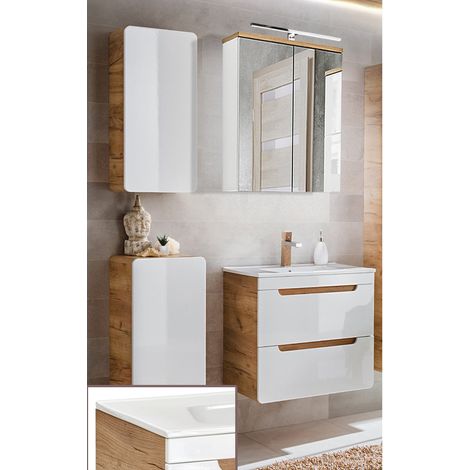 Badmöbel Set inkl. 61 cm Waschtisch LUTON-56 in Hochglanz weiß mit Wotan Eiche Nb., B/H/T ca. 110/200/46 cm (1/5)